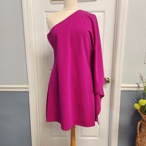 One-Shoulder Cape Mini Dress in Fuchsia